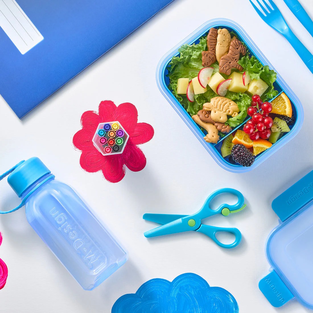 طقم لانش بوكس ام ديزاين بلاستيك، 1.1 لتر + زجاجة 500 ملل + أدوات طعام، أزرق، 75088
