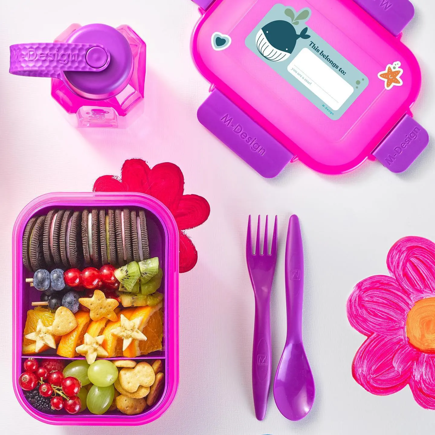 طقم لانش بوكس ام ديزاين بلاستيك 1.1 لتر + زجاجة 500 ملل + أدوات طعام، بينك، 75090