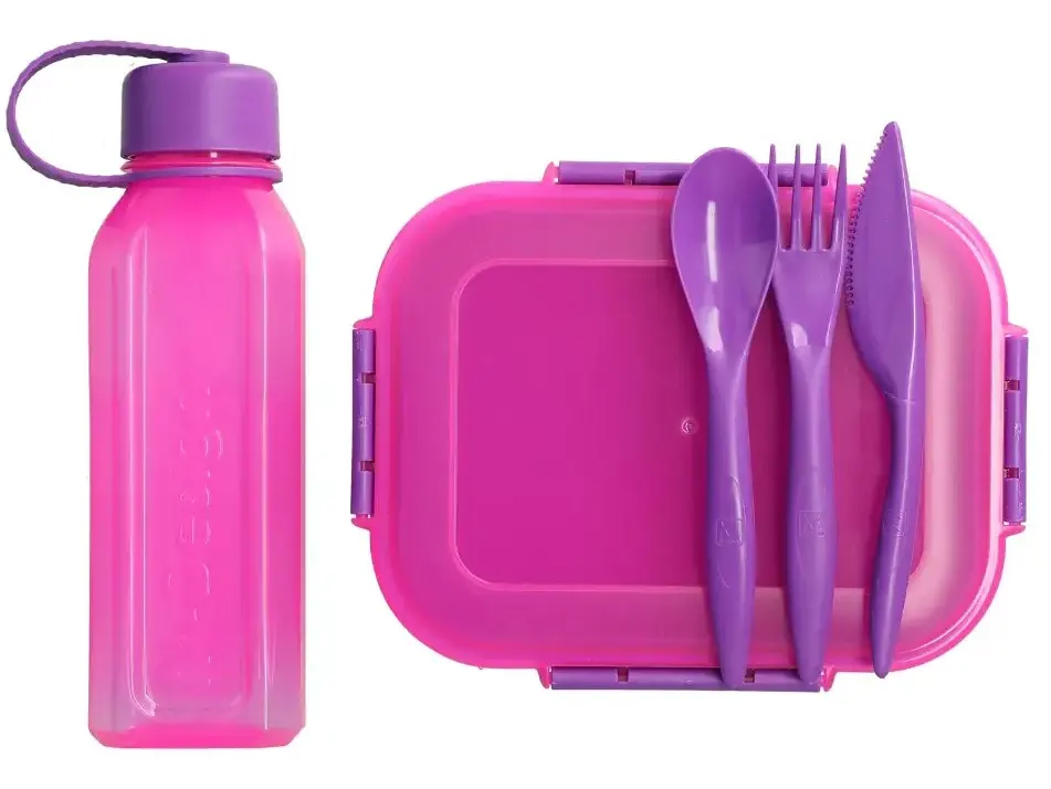 طقم لانش بوكس ام ديزاين بلاستيك 1.1 لتر + زجاجة 500 ملل + أدوات طعام، بينك، 75090