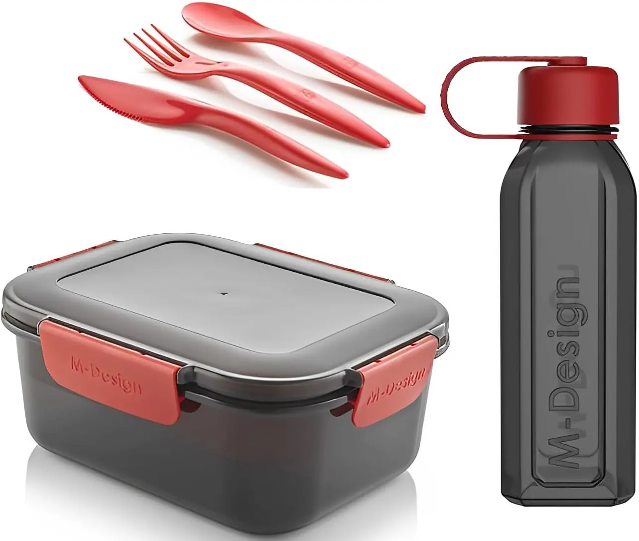 طقم لانش بوكس ام ديزاين بلاستيك 1.1 لتر + زجاجة 500 ملل + أدوات طعام، أسود، 75089