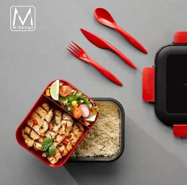 طقم لانش بوكس ام ديزاين بلاستيك 1.1 لتر + زجاجة 500 ملل + أدوات طعام، أسود، 75089