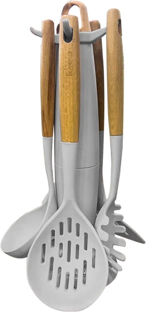 طقم توزيع بالحامل سيليكون بيد خشب الاندلس، 7 قطع ،رمادي 1213