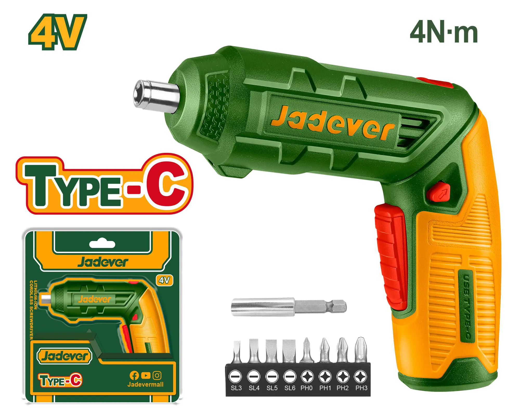 JADEVER Rechargeable Cordless Screwdriver, 4V, Battery, Green, JDCV4415