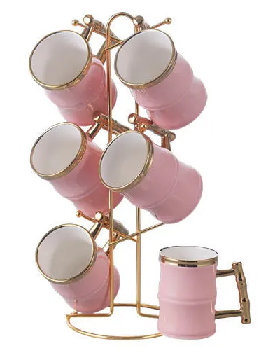 طقم مجات بحامل أستانلس دهبي من الاندلس،7 قطع،بينك