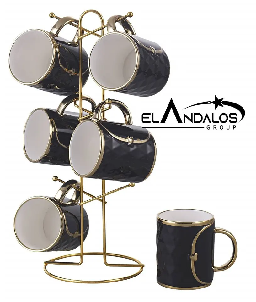 طقم مجات بحامل أستانلس دهبي من الاندلس،7 قطع،أسود