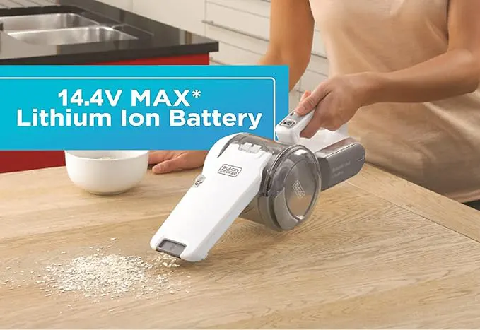 مكنسة كهربائية بلاك اند ديكر محمولة ببطارية ليثيوم، قابلة لاعادة الشحن، 14.4 فولت، أبيض، PV1420L