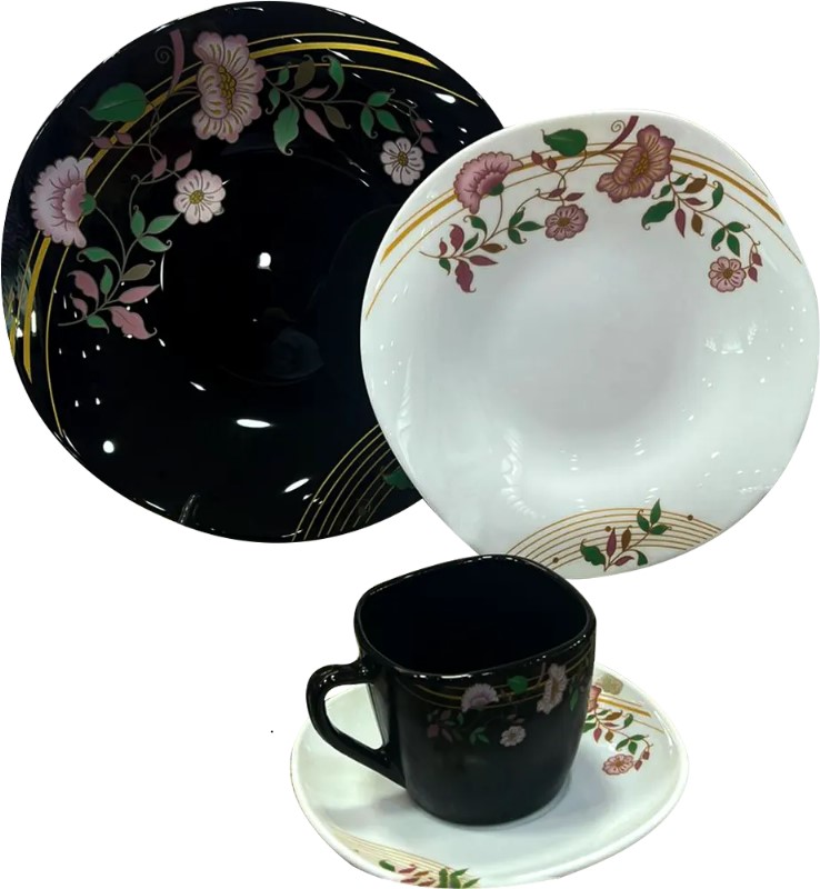 طقم عشاء اركوبال مضلع ، 60 قطعة، أبيض و أسود