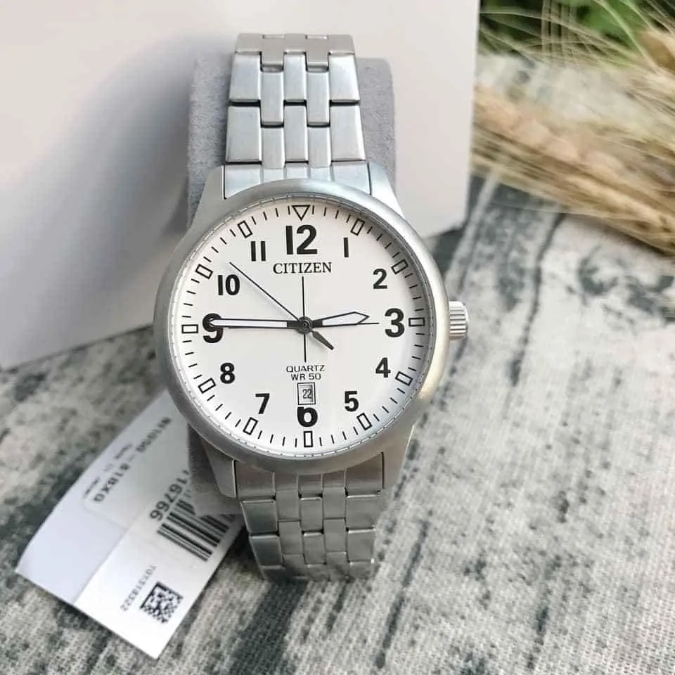 ساعه يد سيتزن رجالي , عقارب سوار ستانلس ستيل , مينا بيضاء , سيلفر , BL1050-81B