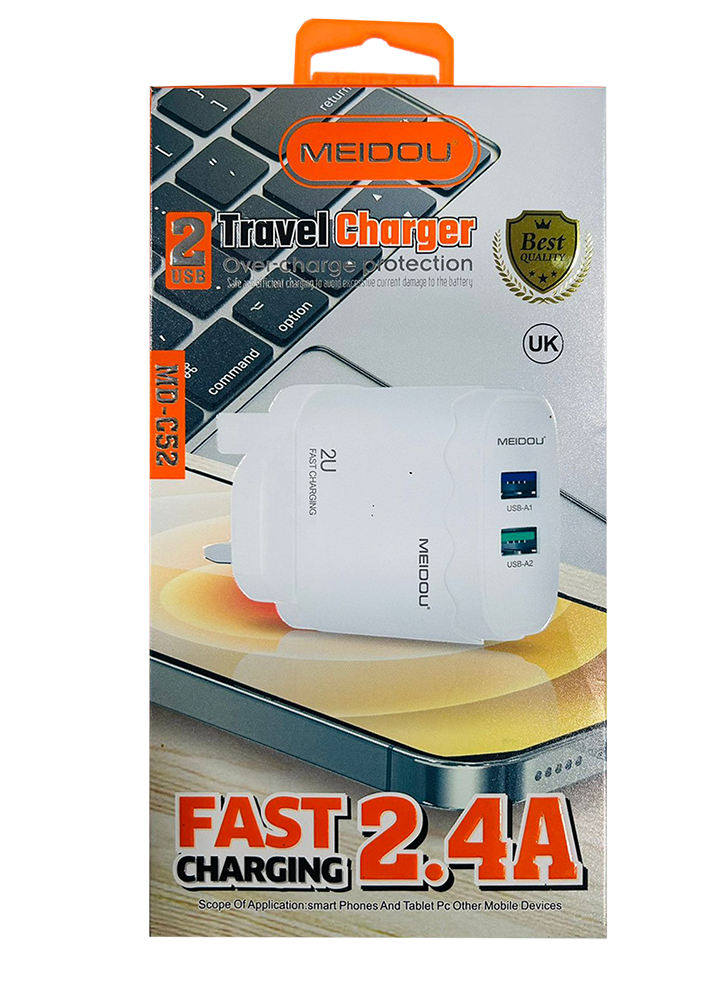 شاحن Meidou سريع، منفذ يو اس بي مزدوج ، كابل تايب - سي ، 2.4 امبير، ابيض، MD-C52