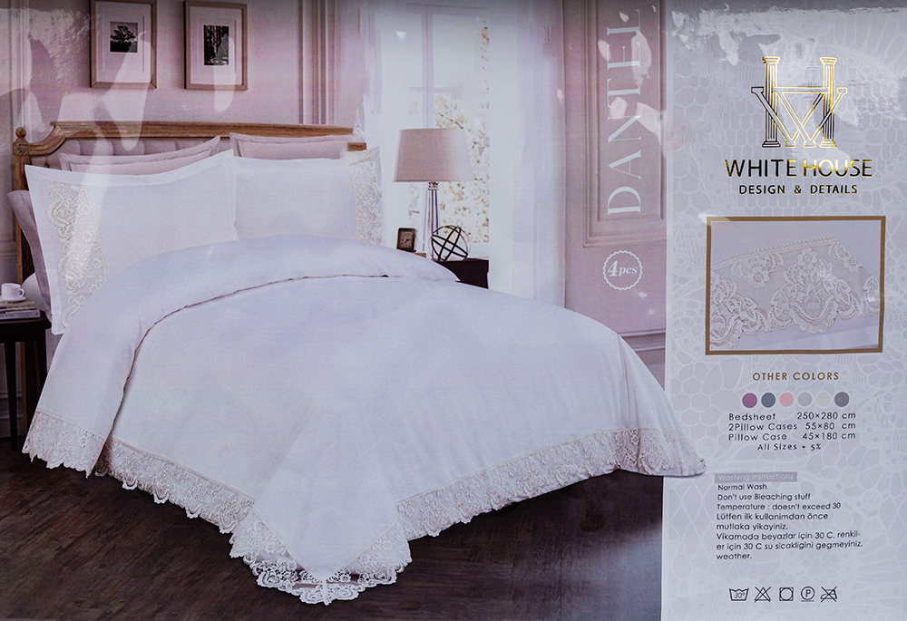 طقم ملايات سرير وايت هاوس، موديل دانتيل، مقاس 250*280 سم، 4 قطع، متعدد الألوان