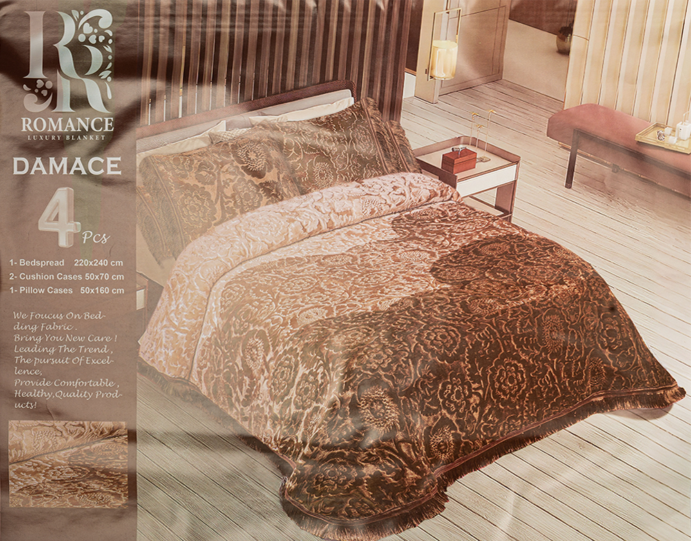 طقم مفرش قطيفة رومانس ، كبير ، مقاس 220*240 سم ،4 قطع ، الوان متعددة