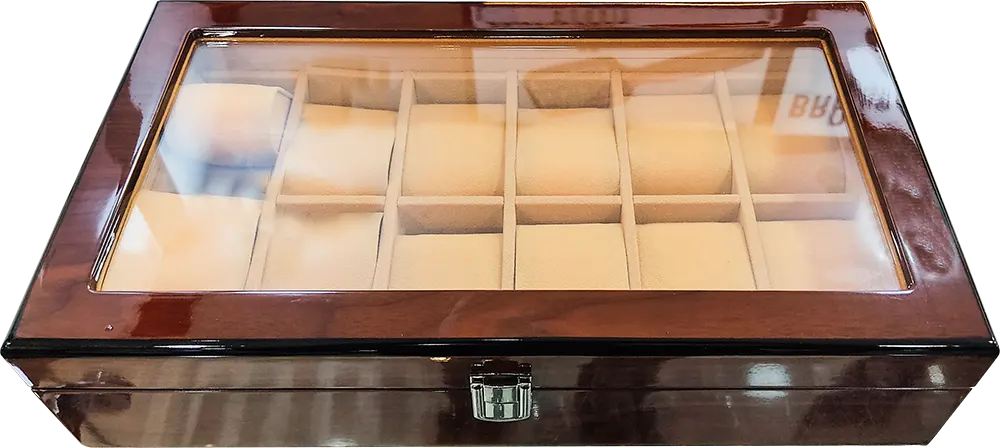 منظم ساعات خشبي سعة 12 ساعة، غطاء شفاف، بني