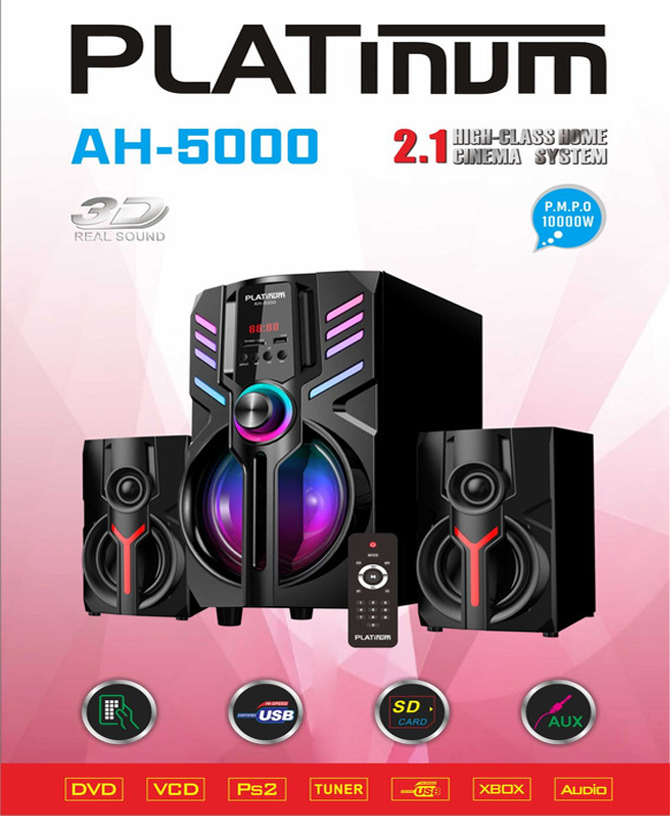 سماعات صب بلاتينيوم 2*1 ، بلوتوث ، ألوان RGB ، شاشة LED ، مع جهاز تحكم عن بعد، أسود ، AH-5000