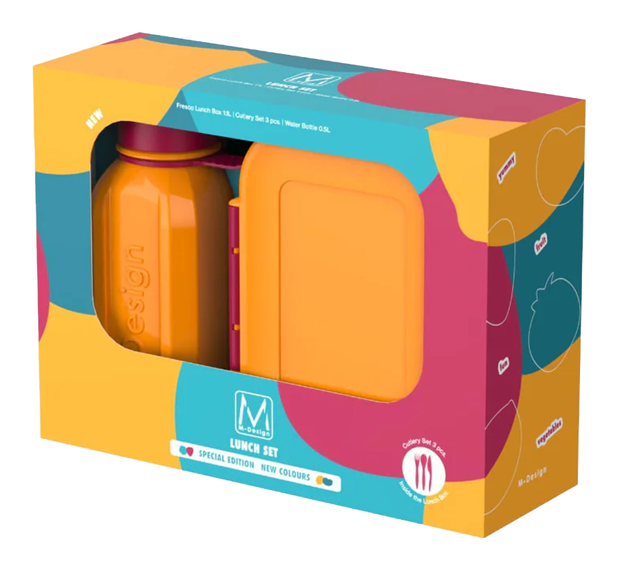 طقم لانش بوكس ام ديزاين  1.6 + طقم طعام + زجاجة 650 مل ، برتقالى * فوشيا ، 75132