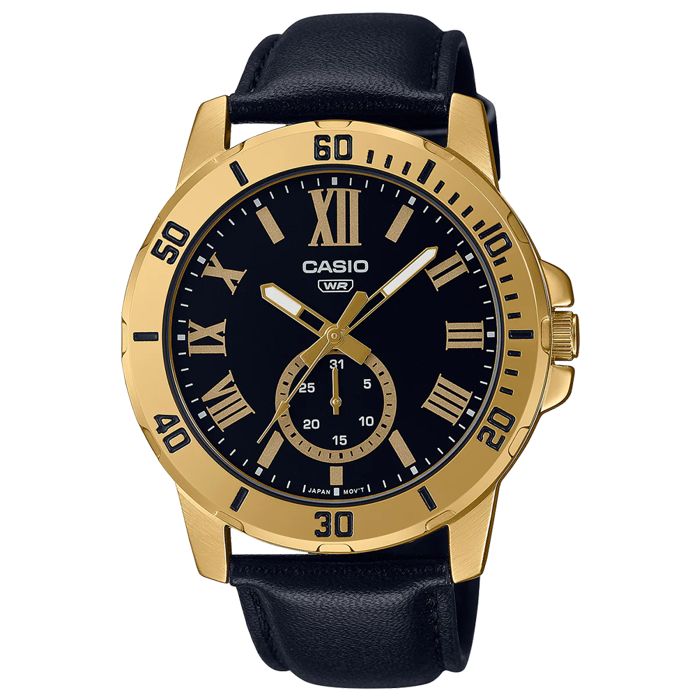 ساعة كاسيو للرجال، عقارب ، بتصميم دائري ، سوار جلد أسود ، إطار ذهبي ، MTP-VD200GL-1BUDF