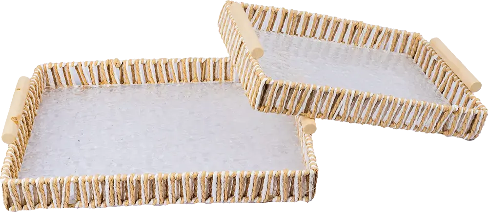 طقم صنية مستطيلة خوص ، 2 قطعة، بيد خشبية، ألوان متعددة، موديل 12689