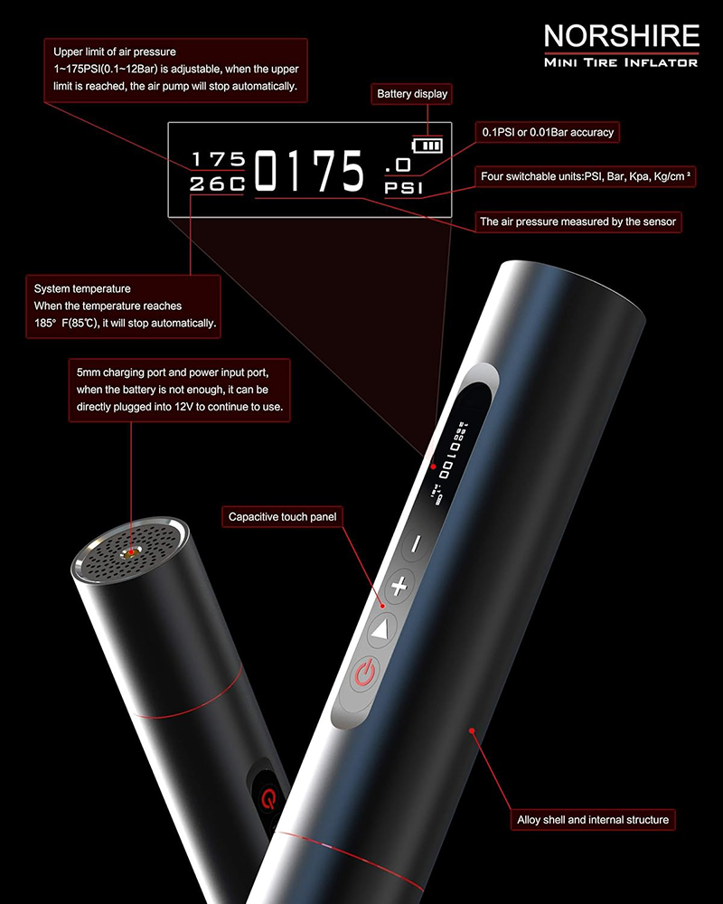 Norshire Mini Tire Inflator, Digital Touchscreen Air Pump , Portable , 175 PSI, 12 Bar , Silver