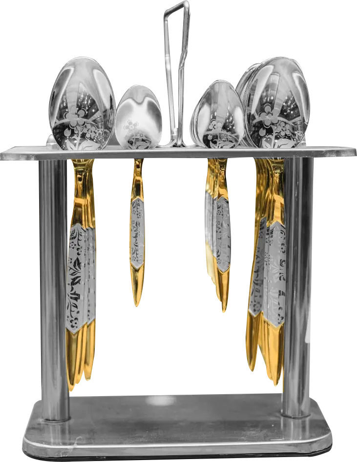 طقم معالق استانلس ستيل 24 قطعة، حامل معالق، اشكال متنوعة، لون فضي * ذهبي