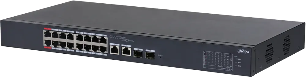 سويتش ايثرنت داهوا ، بـ 16 منفذًا بسرعة 10-100 ميجابت في الثانية ومنفذين جيجابت كومبو، أسود، DH-CS4218-16ET-135