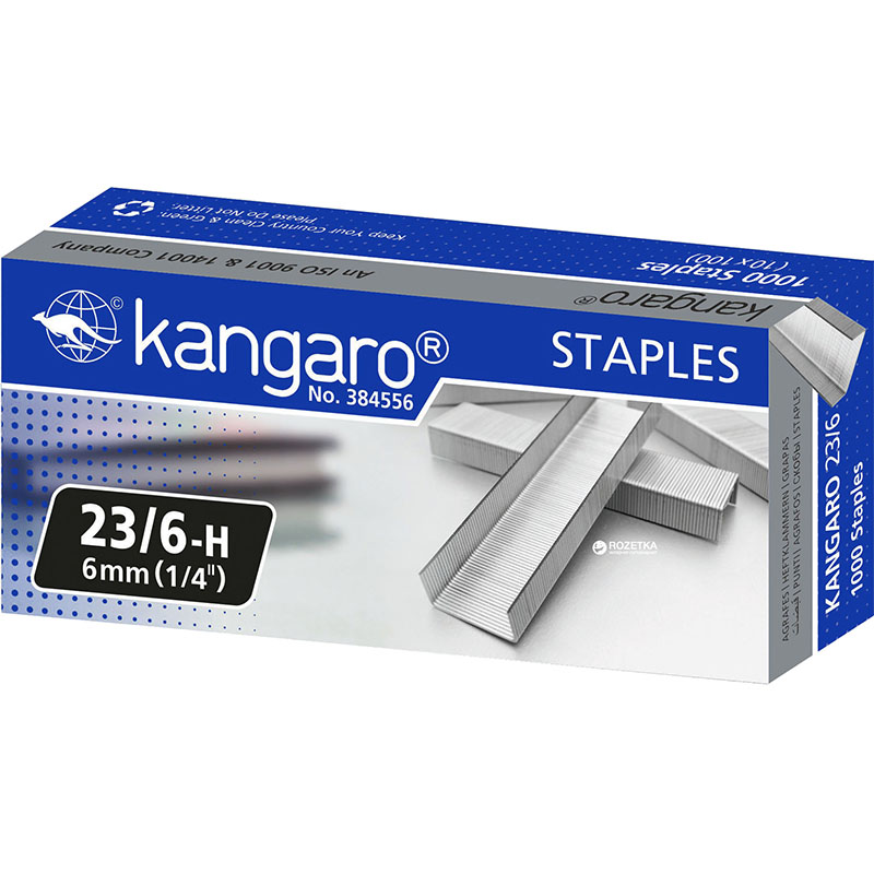 علبة دبابيس مكتبية لدباسة الورق مقاس 23-6 من كنجارو، 1000 قطعة، فضي