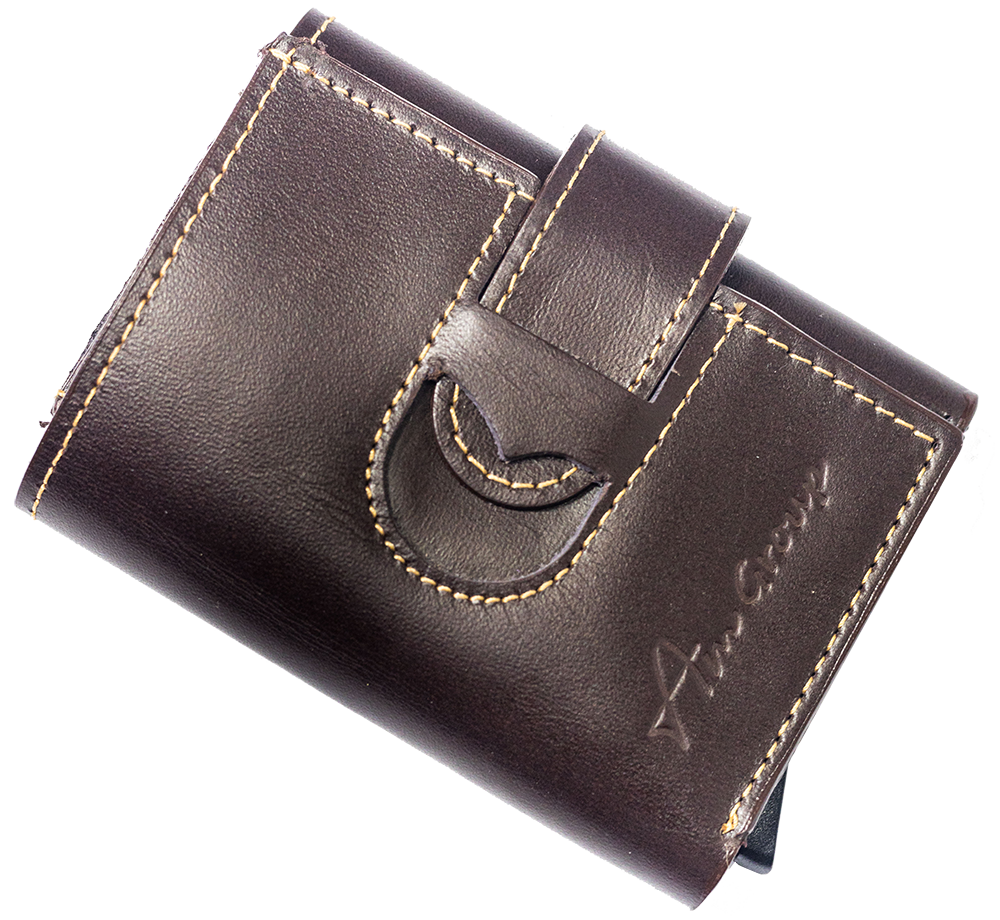 محفظة جلد AM Group سمارت للرجال ، مطرزة ، لون بني