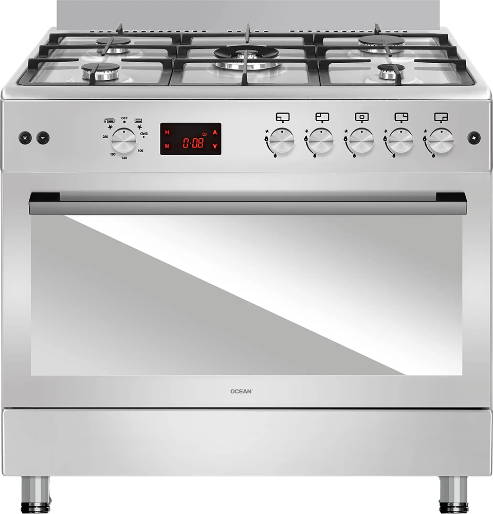 بوتاجاز اوشن بروفيشنال ، 90 سم ، 5 شعلة ، شاشة ديجيتال ، امان تام ، حمالات زهر ، مروحة ، سيلفر ، OCGR9650-17IP