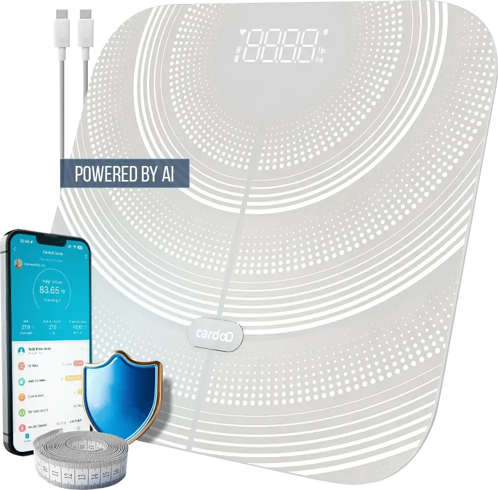 ميزان زجاج ذكي كاردو ، 180 كيلو، شاشة ديجيتال، بلوتوث، قابل لإعادة الشحن، لون أبيض