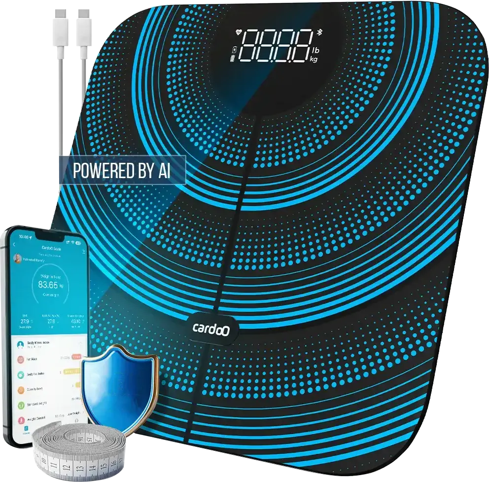 ميزان زجاج ذكي كاردو ، 180 كيلو، شاشة ديجيتال، بلوتوث، قابل لإعادة الشحن، لون أسود