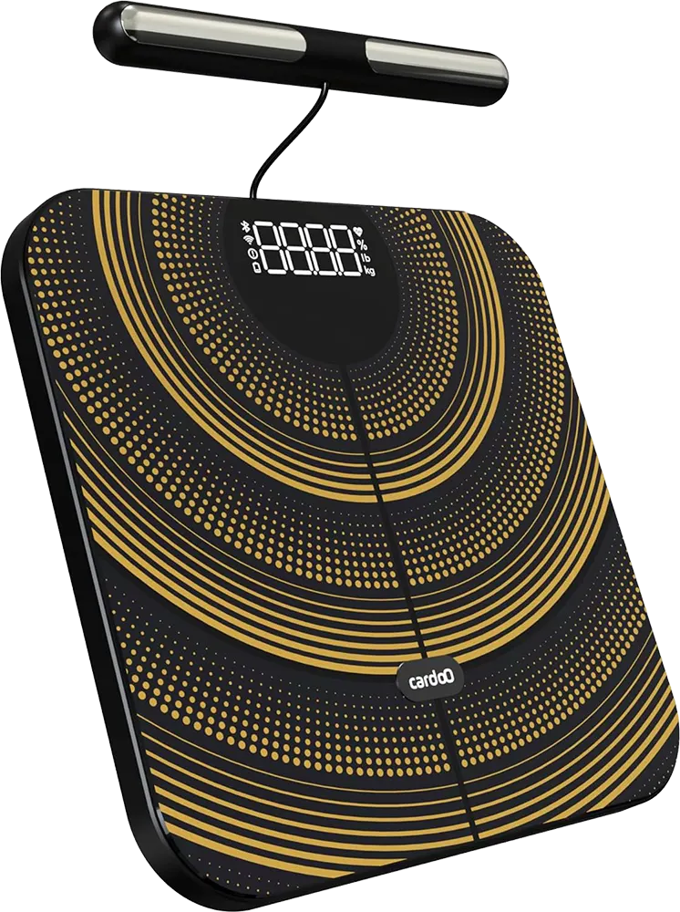 ميزان زجاج ذكي كاردو برو ، 182.5 كيلو، شاشة ديجيتال، بلوتوث، قابل لإعادة الشحن، لون أسود