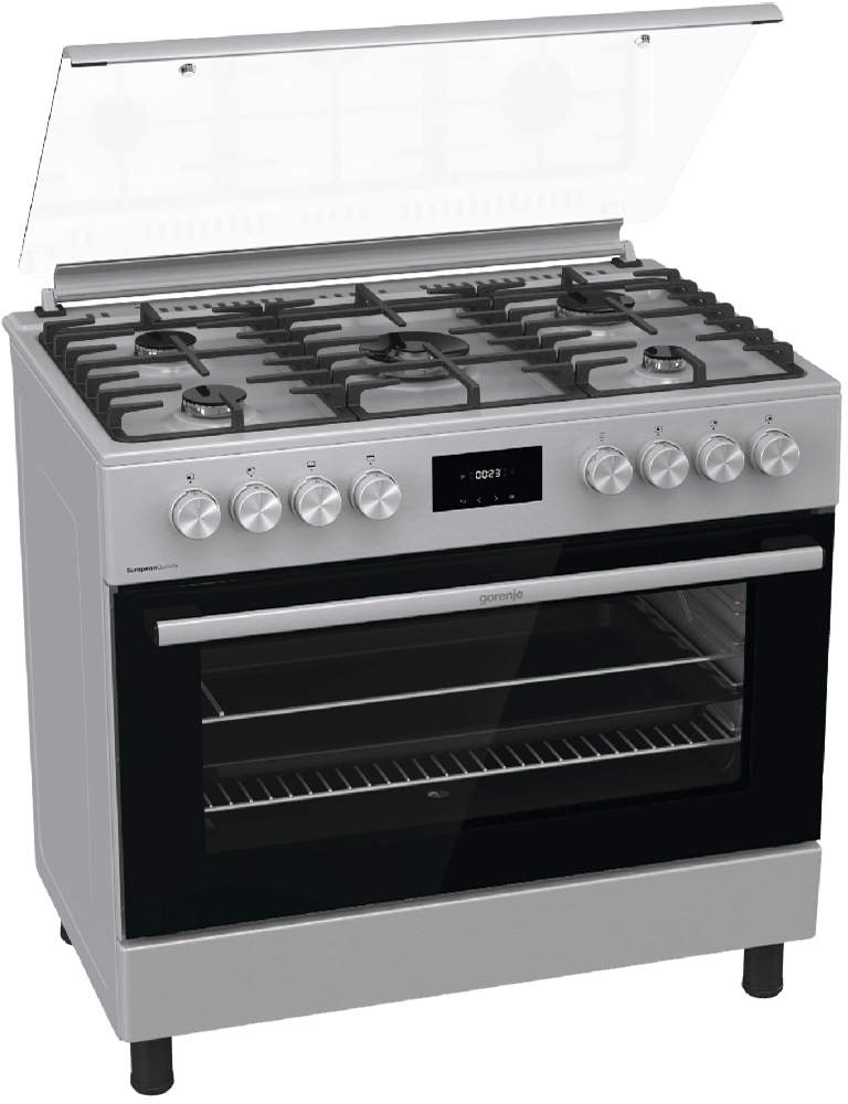Gorenje Gas Cooker, 90 cm, 5 Burners, Digital Screen, Full Safety, Cast Iron Holders, Oven Fan, Key Ignition, Stainless Steel GGI9C20X