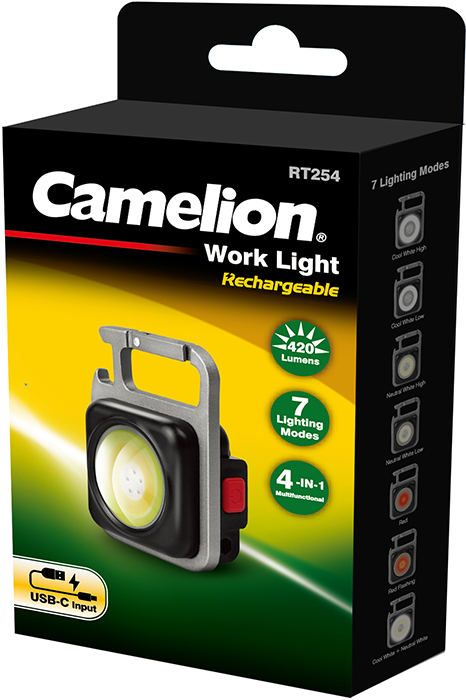 كشاف كامليون ، متعدد الوظائف ، 5 أوضاع اضاءة ، 420 لومن ، قابل لإعادة الشحن بمنفذ USB-C ، متعدد الألوان ، RT-254
