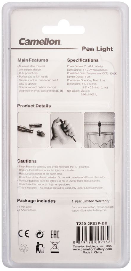 كشاف قلم كامليون ، للتشخيص الطبي ، ستانليس ستيل ، 5 لومان ، فضي ، T220-2R03P
