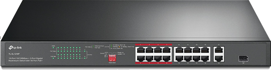 سويتش تي بي لينك ، 16 منفذ سرعة 10-100 ميجابت في الثانية ، محول جيجابت بمنفذين ، 16 منفذ PoE+ ، اسود ، TL-SL1218P