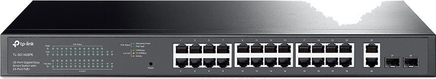 سويتش تي بي لينك ، 28 منفذ جيجابت ،سرعة 10-100-1000 ميجا بت في الثانية ، يصل إلى٢٥٠ وات ، اسود ، TL-SG1428PE