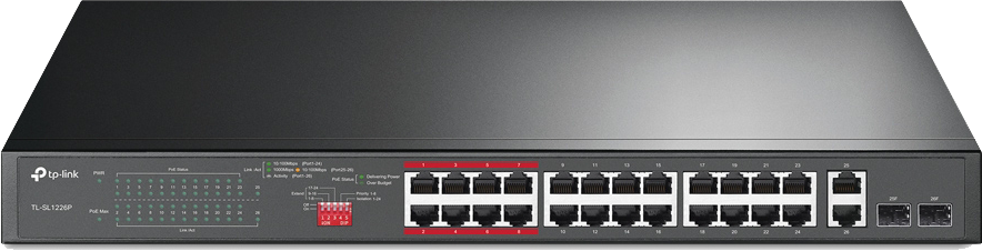 سويتش تي بي لينك ، 24 منفذ ، سرعة 10-100 ميجا بت في الثانية ، 2 منفذ جيجابت غير مدار PoE+ ، اسود ، TL-SL1226P