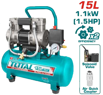 Total Tools Air Compressor, 1.5 HP, 15 Litre, Oil Free, TCS-1110152