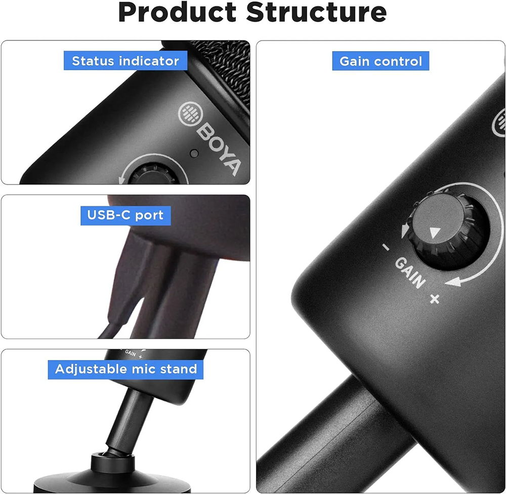 ميكروفون مكتبي من بويا ، Type-C ، خافض للضوضاء ، أسود ، BY-CM3