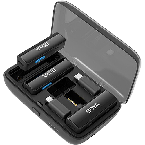 ميكروفون لاسلكي من بويا ، خاصية الغاء الضوضاء ، مدى 100 متر ، متعدد الأغراض مع موصلات قابلة للتبديل ، 3.5 TRS, Type -C, Lightning ، أسود ، BOYALINK