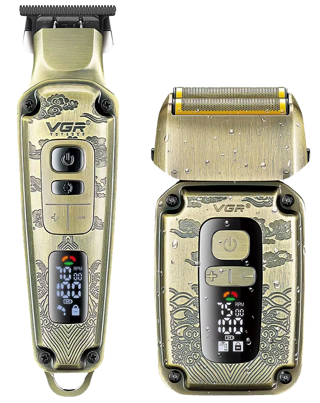 مجموعة أدوات حلاقة الشعر 2 فى 1 من  في جي ار بروفيشينال ، شاشة ال اي دي ، قابلة لأعادة الشحن ، ذهبي ، V-641