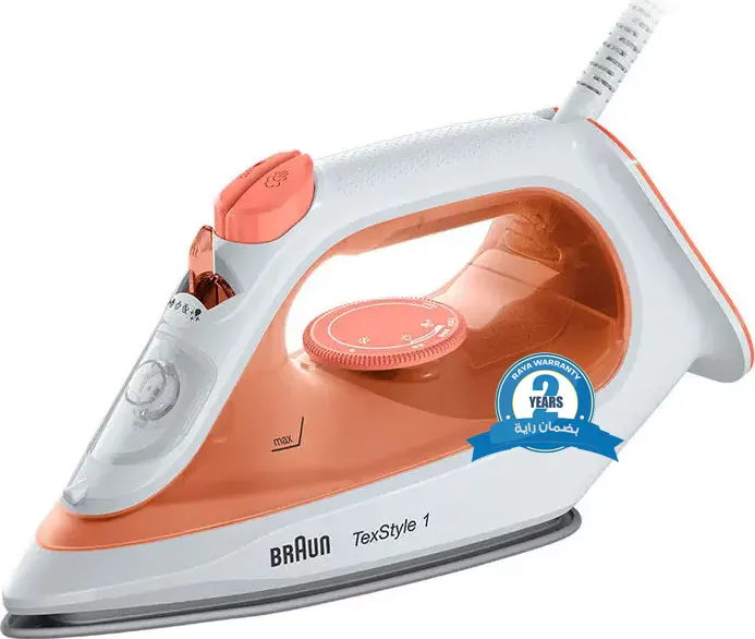 مكواة ملابس بخار براون تيكستايل 1 ، 1900 وات ، قاعدة غير لاصقة ، برتقالي ، SI10090R ( بضمان راية )