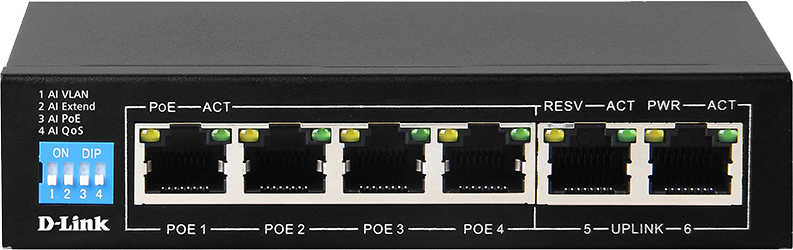 سويتش دي لينك ، بستة منافذ  Gigabit PoE+ ، مع 4 منافذ PoE طويلة المدى ومنفذين  Uplink ، أسود ، DGS-F1006P-E