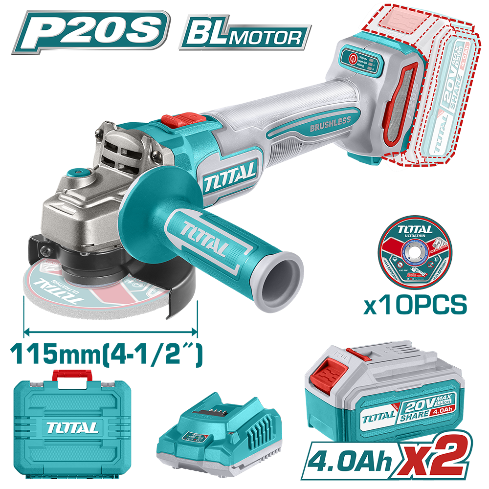 Total Tools Cordless Angle Grinder, 20V, 4.5", 2 x 4Ah Batteries, Blue, TAGLI211542