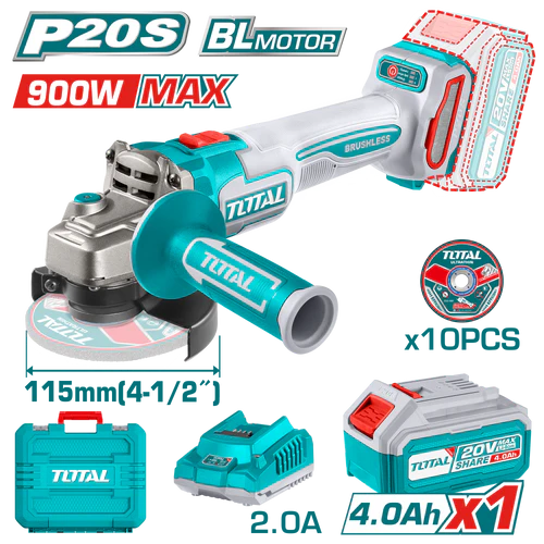 Total Tools Cordless Angle Grinder, 20V, 4.5", 1 x 4Ah Battery, Blue, TAGLI211541