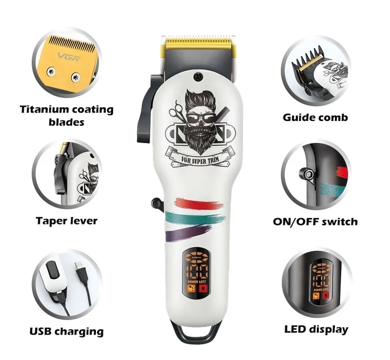ماكينه حلاقة كهربائية في جي أر للرجال ، حلاقة الشعر، شاشة LED ، قابلة لأعادة الشحن ، أبيض - أسود ، V-699