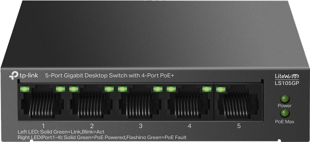 سويتش تي بي لينك ، 5 منافذ جيجابت ، مع 4 منافذ PoE+ ، أسود ، LS105GP