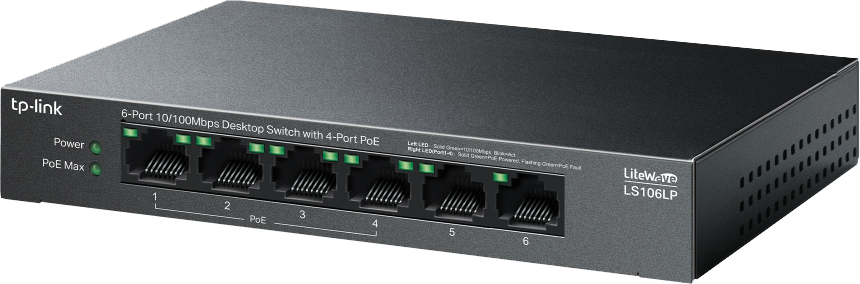 سويتش تي بي لينك ، 6 منافذ 10-100 ميجابايت في الثانية ، 4 منافذ POE+ ، أسود ، LS106LP