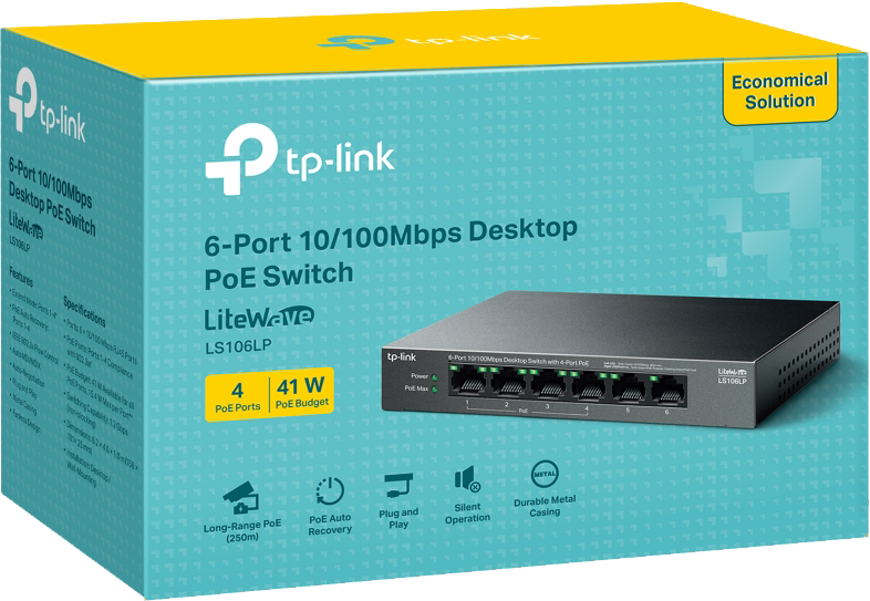 سويتش تي بي لينك ، 6 منافذ 10-100 ميجابايت في الثانية ، 4 منافذ POE+ ، أسود ، LS106LP