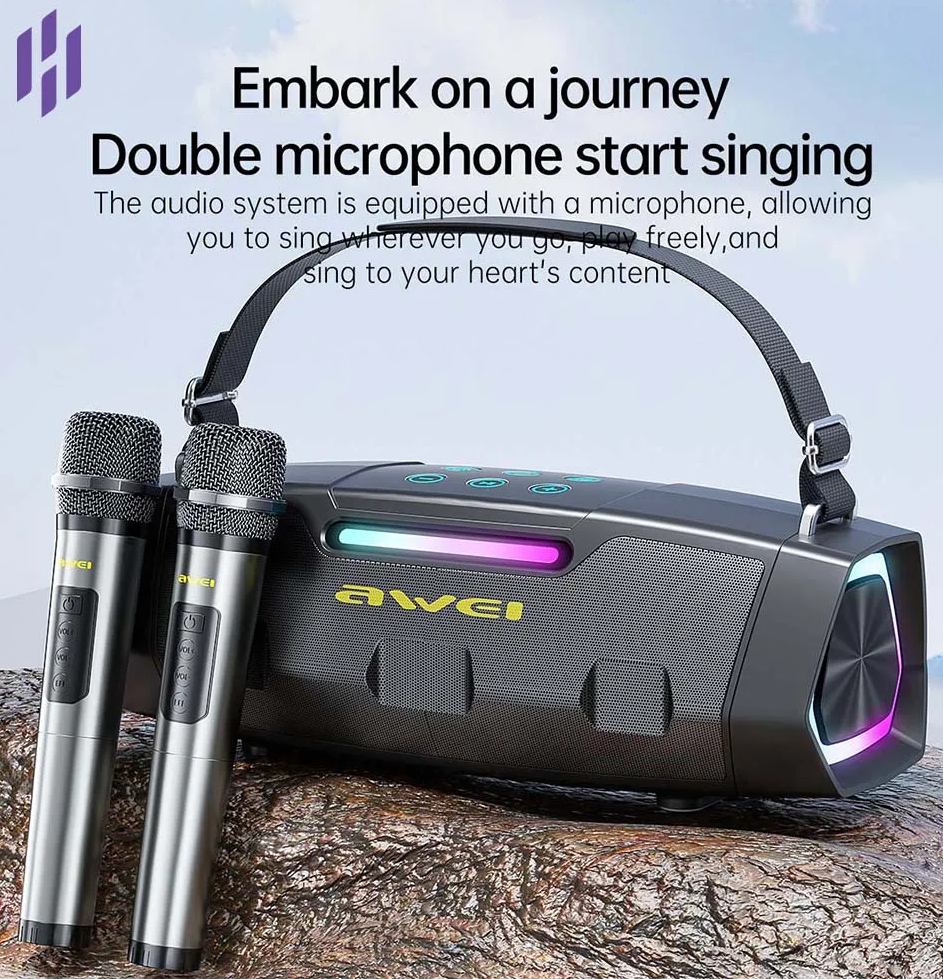 سماعة كاريوكي خارجية لاسلكية من اوي ، بلوتوث 5.1 ، 30 وات ، اضاءة ار جي بي ، أسود ، KT28