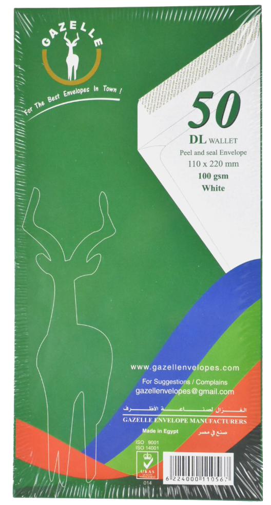 Gazelle DL Paper Envelope , 50 pieces , 90 x 140 mm , 100 Gram , White