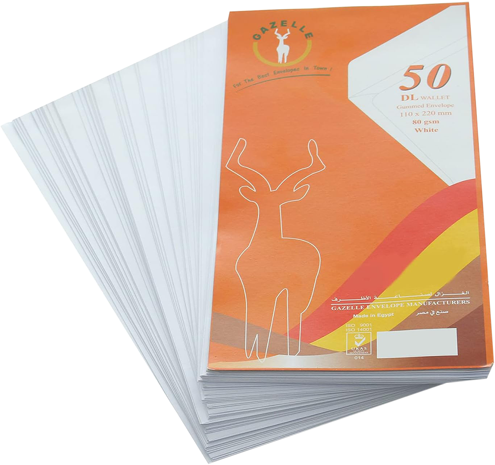 أظرف ورقية دي ال من غزال ، 50 ظرف ، مقاس 220 × 110 مم ، 80 جرام ، أبيض